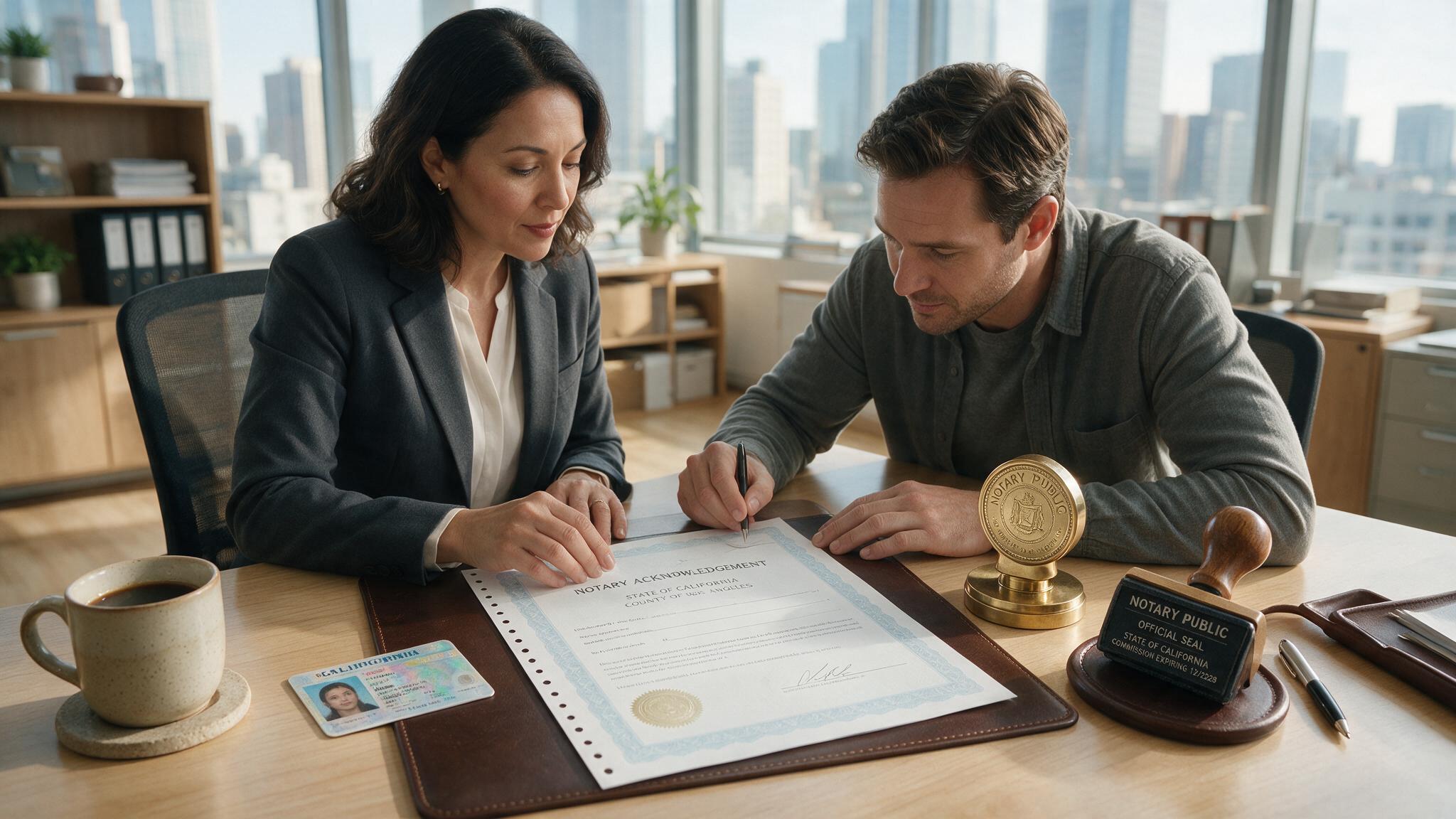 Notary public completing a document notarization for a client