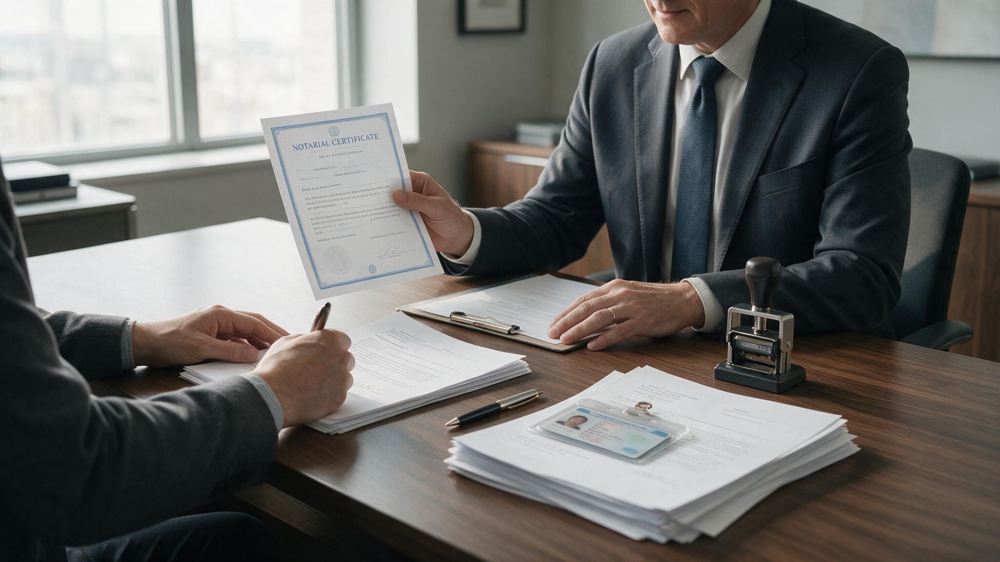 Notary public completing a notarial certificate during a document signing