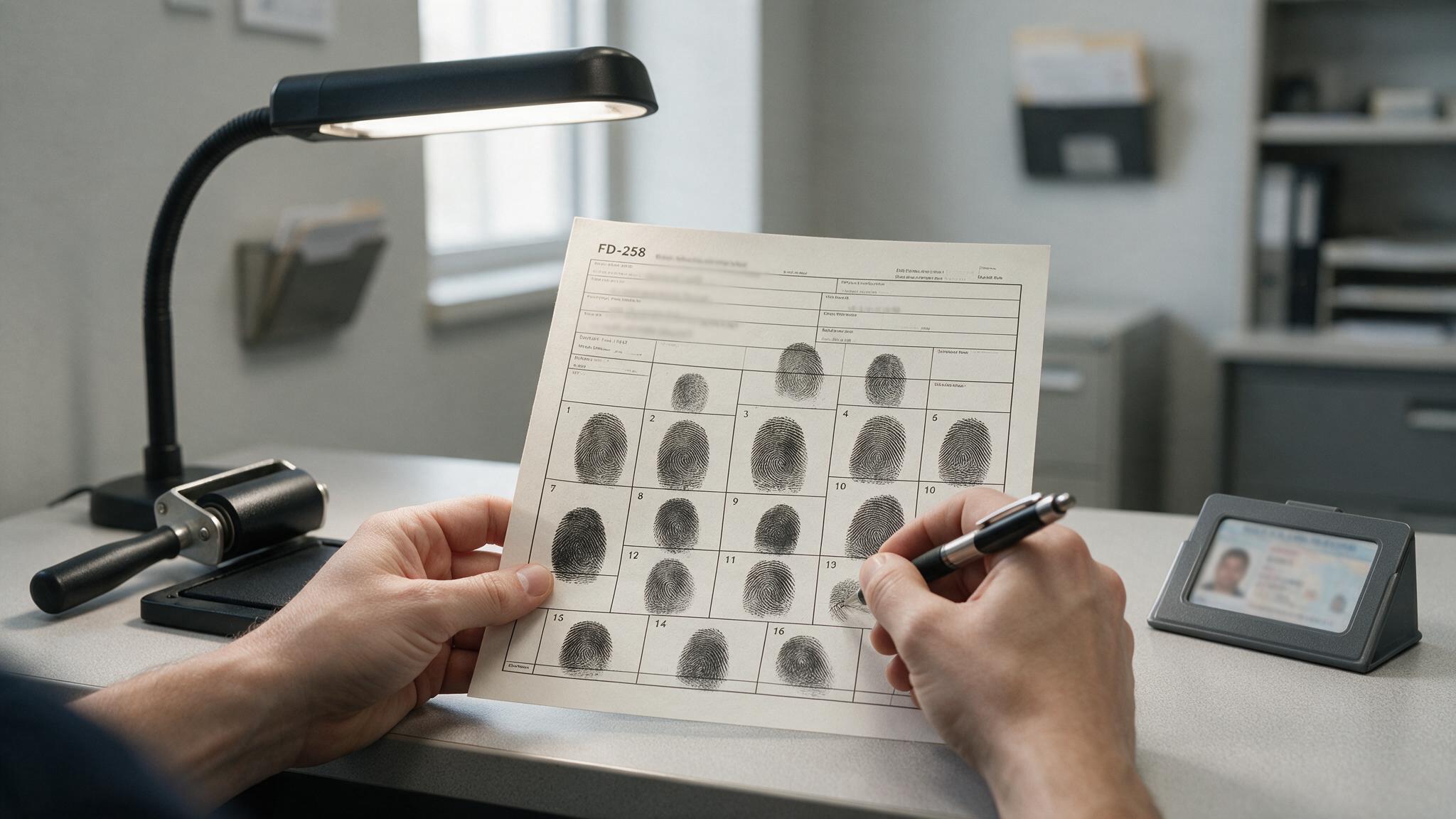 Professional technician completing an FD-258 fingerprint card for background screening